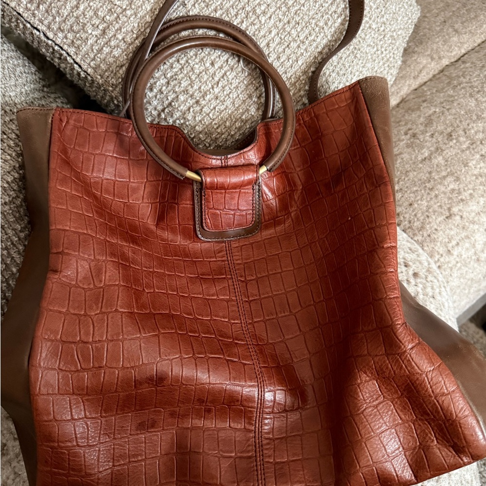 HOBO Croc-Embossed Brick Red and Chocolate Brown Tote with Ring Handle - Picture 3 of 8